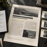 An editorial research page connected with numbered reference cards