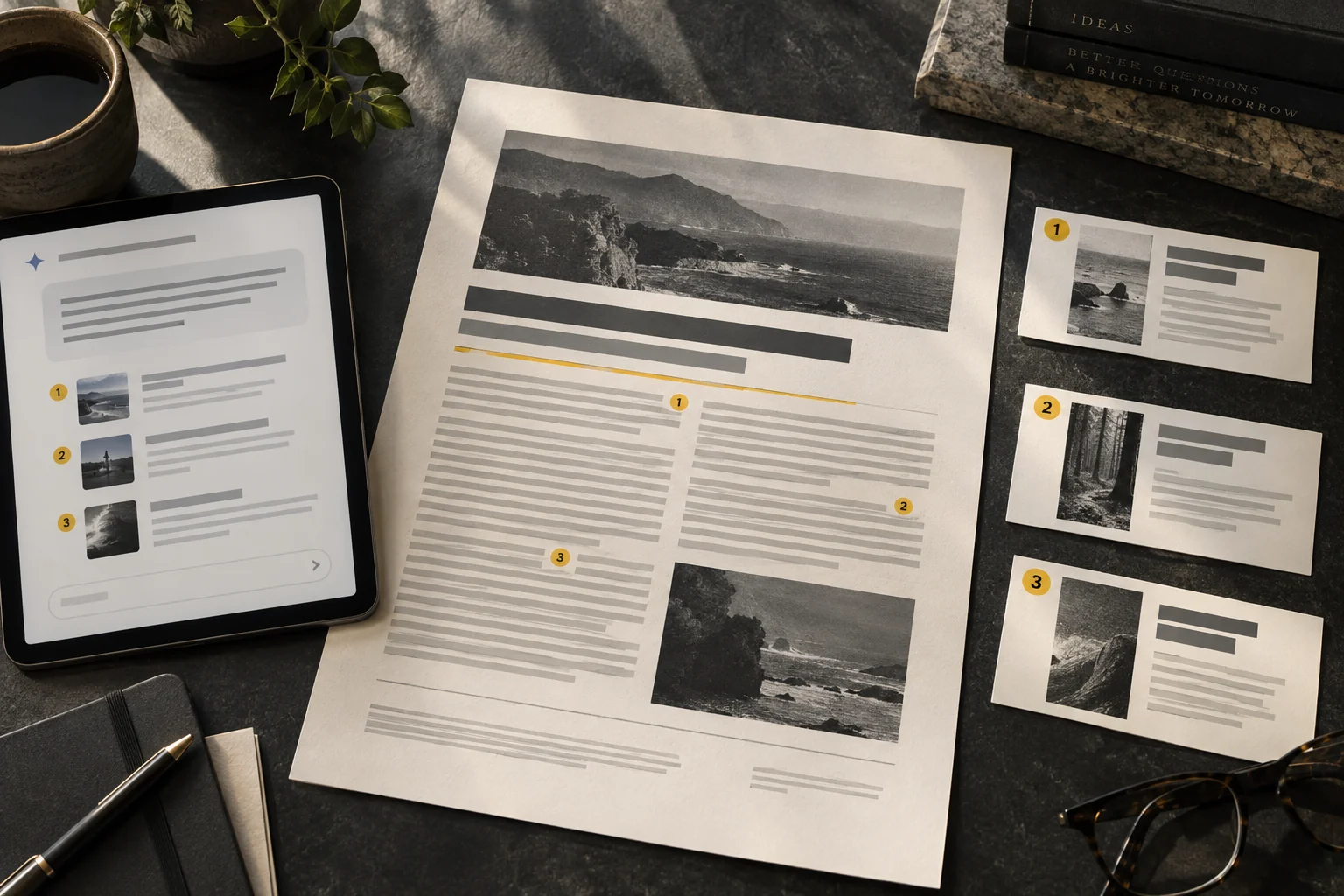 An editorial research page connected with numbered reference cards