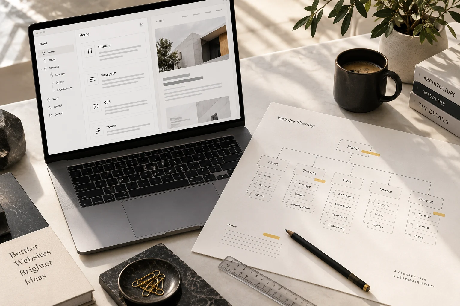 Website content and a search architecture plan on a marketing desk