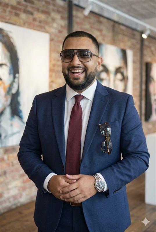 Altamash Ishtiaq smiling, wearing sunglasses and a navy suit