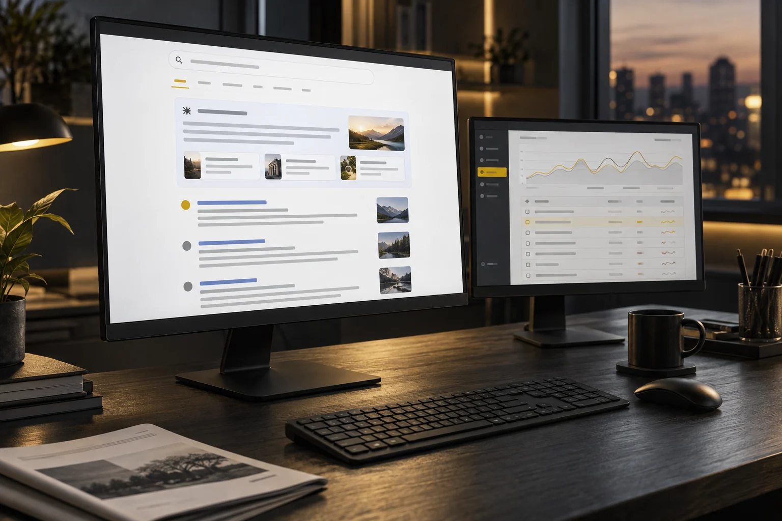 Illustrative search and reporting screens on a professional marketing workstation