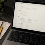 Plain-text documentation displayed on a laptop beside research notes
