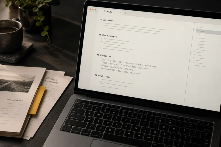 Plain-text documentation displayed on a laptop beside research notes