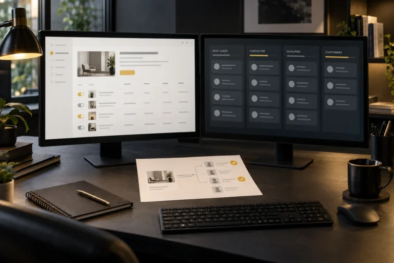 Illustrative advertising and CRM lead-management screens at a marketing workstation