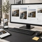 A content workspace showing publication across desktop, tablet and phone