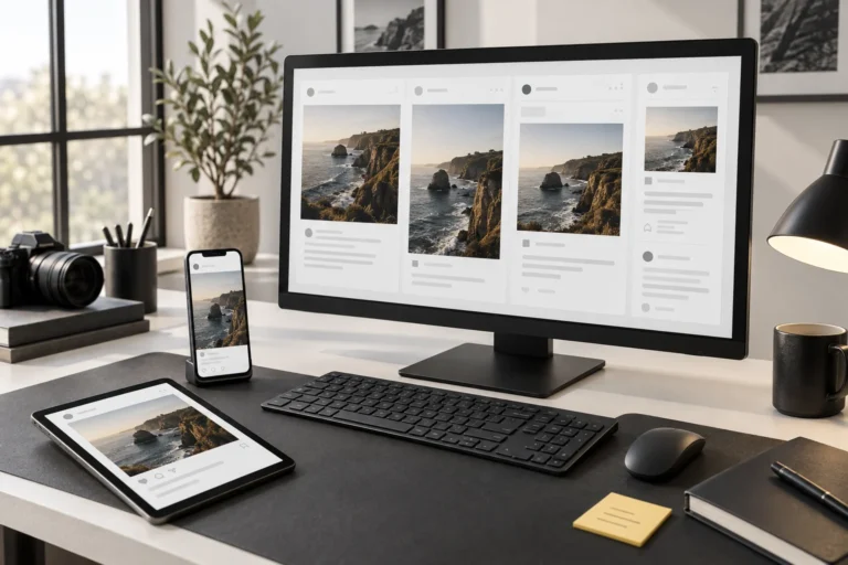 A content workspace showing publication across desktop, tablet and phone