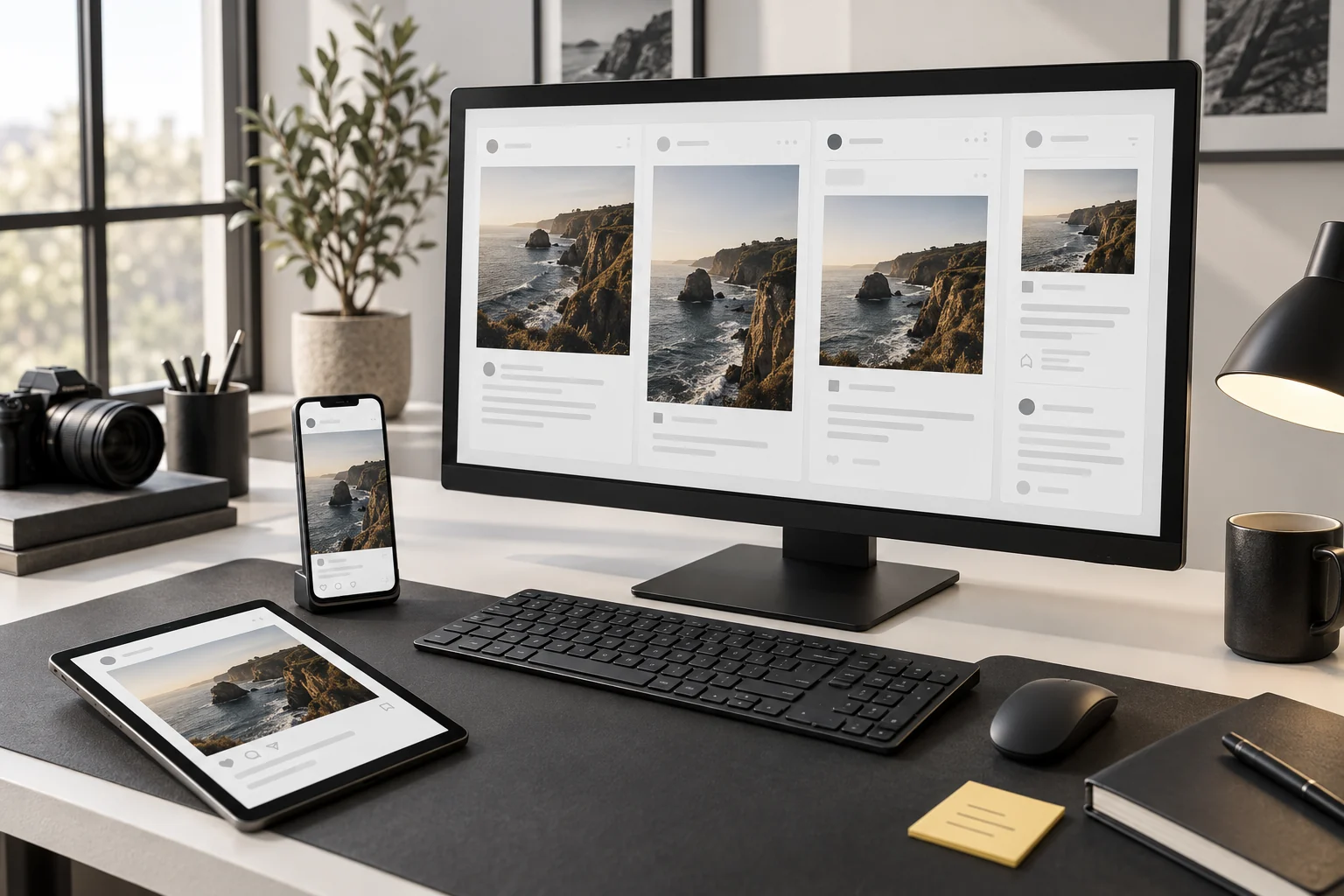 A content workspace showing publication across desktop, tablet and phone